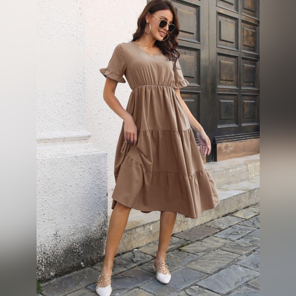 Tan V-Neck Tiered Midi Dress